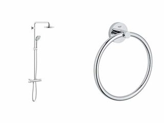 Grohe 27296001 Euphoria 180 - Sistema de ducha con termostato, alcachofa de 180 mm y teleducha tres chorros de 110 mm + Grohe Essentials - Toallero argolla, fijación empotrada (40365001)