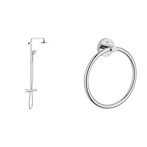 Grohe 27296001 Euphoria 180 - Sistema de ducha con termostato, alcachofa de 180 mm y teleducha tres chorros de 110 mm + Grohe Essentials - Toallero argolla, fijación empotrada (40365001)