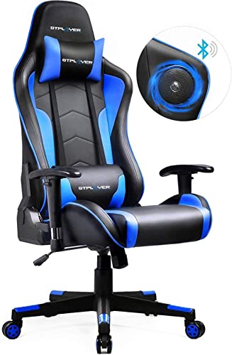 GTPLAYER Silla Gaming con Altavoz Bluetooth Escritorio Oficina Gamer Ergonomica con Cojín Reposabrazos 3D Ajustables Respaldo Reclinable Multifuncional (Azúl)