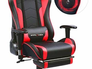 GTPLAYER Silla Gaming con Altavoz Bluetooth Reposapies Escritorio Oficina Gamer Ergonomica con Cojín Reposabrazos 3D Ajustables Respaldo Reclinable Multifuncional Rojo
