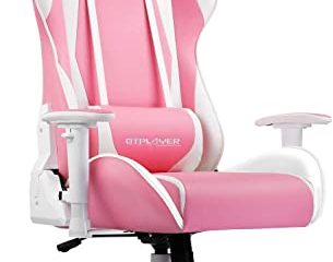 GTPLAYER Silla Gaming Escritorio Oficina Cuero Ordenador Gamer Silla Asiento Engrosado Ergonomica con Cojín Reposabrazos 2D Ajustables Respaldo Reclinable (Rosado-Blanco)