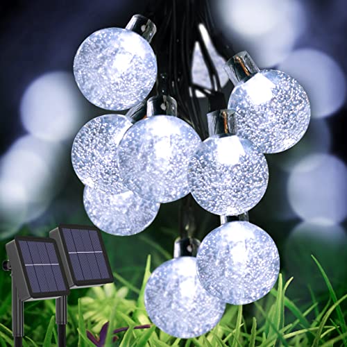 Guirnaldas Luces Exterior Solar [2 Pack], Kolpop 3M 30LED Cadena de Bola Cristal Luz, Guirnalda Solar LED Bola de Cristal Luces Decoracion para Navidad Terraza Hogar Jardín Arboles Patio, Blanco Frío