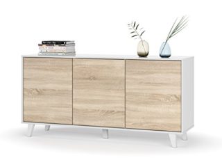 Habitdesign Aparador, Buffet, Salón Comedor 3 Puertas, Modelo Zaiken Plus, Color Blanco Brillo y Roble Canadian, Medidas: 154 cm (Ancho) x 75 cm (Alto) x 41 cm (Fondo)