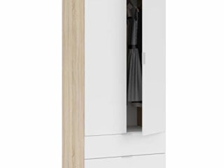 Habitdesign Armario de 2 Puertas y 2 cajones, Acabado en Color Blanco Artik y Roble Canadian, Medidas: 81 cm (Ancho) x 180 cm (Alto) x 52 cm (Fondo)