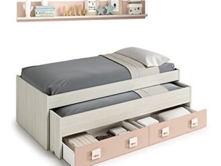 Habitdesign Cama Nido + 2 cajones y Estante, Cama Juvenil, Modelo Nube, Acabado en Color Blanco Alpes y Rosa Pastel, Medidas: 199 cm (Ancho) x 96 cm (Fondo) x 69 cm (Alto)