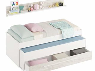 Habitdesign Cama Nido Juvenil, Dos Camas + Cajon + Estante, Cama Infantil, Modelo Elliot, Acabado en Color Blanco Artik y Blanco Velho, Medidas: 199 cm (Ancho) x 96 cm (Fondo) x 65 cm (Alto)