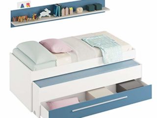 Habitdesign Cama Nido Juvenil, Dos Camas y Un Cajón,Modelo WIC, Acabado en Color Blanco Alpes y Azul, Medidas: 200 cm (Ancho) x 69 cm (Alto) x 96 cm (Fondo)