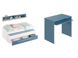 Habitdesign Cama Nido Juvenil, Dos Camas Y Un Cajón,Modelo WIC + Mesa De Ordenador con Bandeja Extraíble, Mesa Escritorio Juvenil, Modelo I-Joy