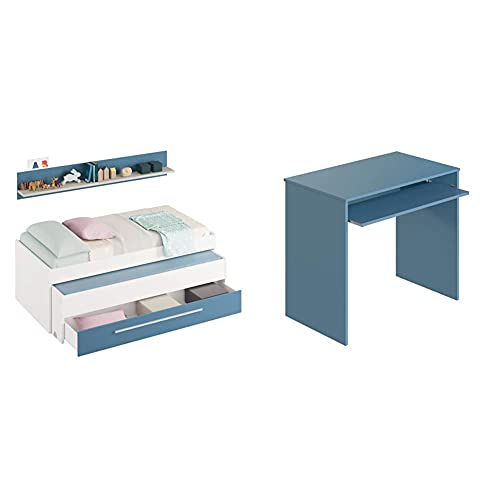 Habitdesign Cama Nido Juvenil, Dos Camas Y Un Cajón,Modelo WIC + Mesa De Ordenador con Bandeja Extraíble, Mesa Escritorio Juvenil, Modelo I-Joy