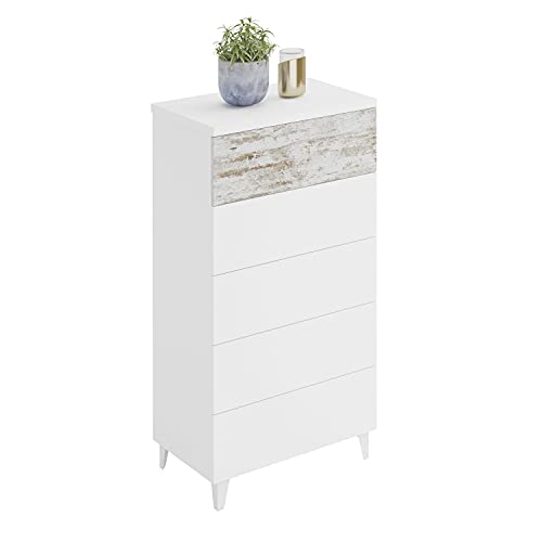Habitdesign Comoda con 5 Cajones, para Dormitorio, Modelo Vintage, Acabado en Color Blanco Artik y Vintage, Medidas: 61 cm (Ancho) x 40 cm (Fondo) 118 x cm (Alto)