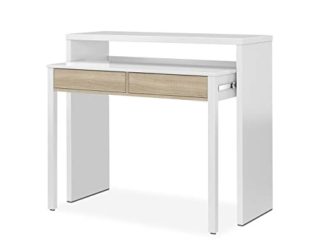 Habitdesign Mesa Escritorio Extensible, Mesa Estudio, Consola, Acabado en Color Roble Canadian y Blanco Artik, Medidas: 98,5 cm (Ancho) x 36-70 cm (Fondo) x 87,5 cm (Alto)