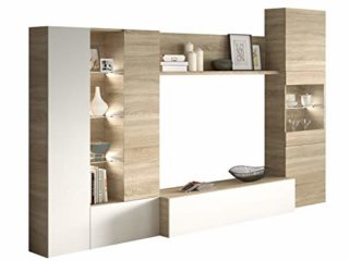 Habitdesign Mueble de Comedor con Leds, Mueble Salon, Modelo Essential, Acabado en Blanco Brillo y Roble Canadian, Medidas: 260 cm (Ancho) x 185 cm (Alto) x 42 cm (Fondo)