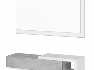 Habitdesign Recibidor con cajón y Espejo, Mueble de Entrada, Modelo Noon, Acabado en Blanco Artik y Gris Cemento, Medidas: 95 cm (Ancho) x 19 cm (Alto) x 26 cm (Fondo)