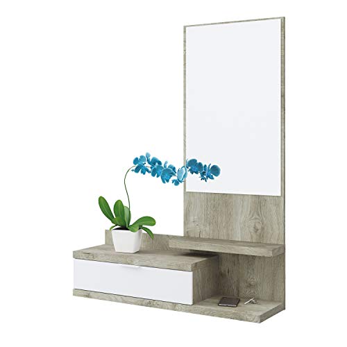 Habitdesign Recibidor con Cajon y Espejo, Mueble de Entrada, Modelo Dahlia, Color Blanco Artik y Roble Alaska, Medidas: 81 cm (Largo) x 116 cm (Alto) x 29 cm (Fondo)