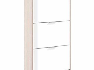 Habitdesign Zapatero 3 Puertas, Zapatero Estrecho, Acabado en Color Blanco Brillo y Roble Canadian, Medidas: 60 cm (Ancho) x 113 cm (Alto) x 22 cm (Fondo)