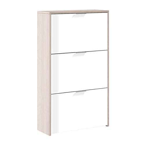 Habitdesign Zapatero 3 Puertas, Zapatero Estrecho, Acabado en Color Blanco Brillo y Roble Canadian, Medidas: 60 cm (Ancho) x 113 cm (Alto) x 22 cm (Fondo)