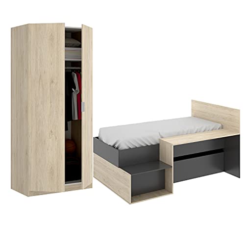 HABITMOBEL Armario Juvenil con Escritorio y Cama a Juego, ropero, Escritorio y Cama, Todo en uno Natural Grafito