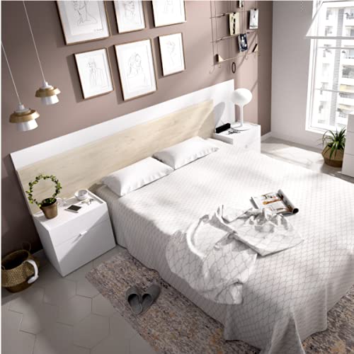 HABITMOBEL Conjunto cabecero + 2 mesitas con Dos cajones Marie en Blanco Brillo y Natural