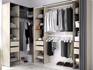 HABITMOBEL Vestidor Adaptable y Rinconero Compuesto 3 Barras Colgar, 13 estantes y 6 cajones, Natural