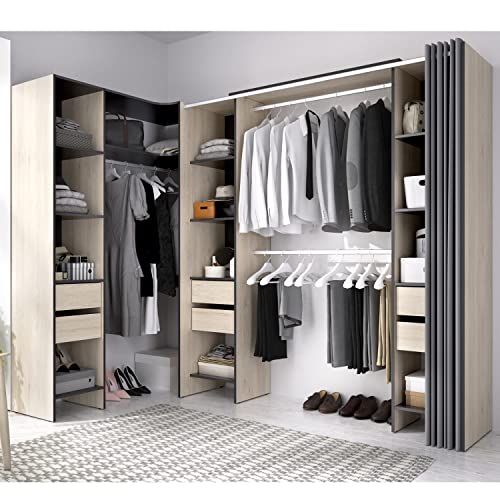 HABITMOBEL Vestidor Adaptable y Rinconero Compuesto 3 Barras Colgar, 13 estantes y 6 cajones, Natural