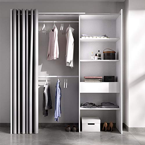 HABITMOBEL Vestidor almacenaje de Ropa con Cortina Tres baldas y Cajon, 205 cm (Alto) x 160/110 cm (Ancho) x 50 cm (Prof.)