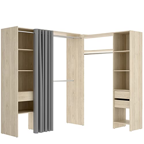 HABITMOBEL Vestidor para Oficina Rinconero con 3 Barras Colgar estantes y cajones Acabado Roble