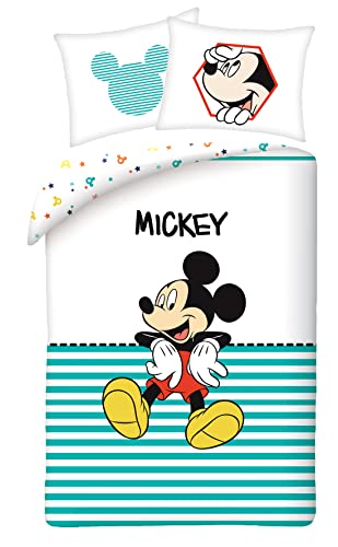 Halantex Mickey Mouse - Juego de cama (algodón, funda nórdica de 140 x 200 cm y funda de almohada de 70 x 90 cm)