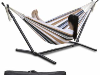 Hamaca con armazón, tejido mixto de poliéster y algodón (marrón), 260 x 100 x 100 cm, bolsa de transporte, para interiores y exteriores