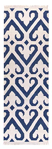 HAMID - Alfombra Kilim Naipe con Diseño Geométrico - 100% Lana - Alfombra Anudada a Mano - Alfombra de Pasillo, Salón, Dormitorio, Sala de Estar - Azul (80x250cm)