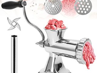 Hanchen Picadora de Carne Manual Acero Inoxidable Máquina de Picar Carne Doméstico y Comercial Embutidora de Salchichas con 2 Discos de Corte para Cerdo Pollo Ternera Verduras