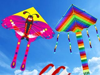 HapagToy Paquete de 2 Cometa, Cometas de Mariposa Grandes y Cometas arcoíris Gigantes con Cola Larga, Trompos Cometas para Niños & Adultos Deportes al Aire Libre de Verano en Parque de la Playa