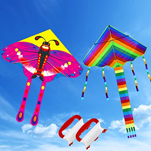 HapagToy Paquete de 2 Cometa, Cometas de Mariposa Grandes y Cometas arcoíris Gigantes con Cola Larga, Trompos Cometas para Niños & Adultos Deportes al Aire Libre de Verano en Parque de la Playa