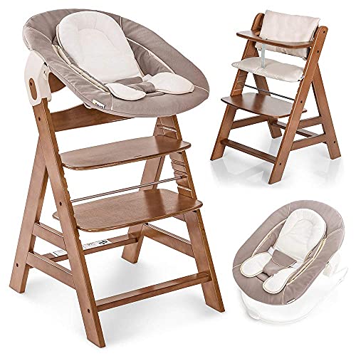 Hauck Alpha Plus Newborn Set - Trona evolutiva madera con cojín y arnés - Hamaca trona bebe reclinable- Tronas de bebe - Silla bebe madera - Trona convertible - Nogal