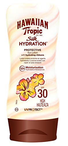 Hawaiian Tropic Silk Hydration Protective - Loción Solar Protectora con Cintas de Seda Hidratantes y Resistente al Agua, Protección Alta, SPF 30 - Formato: 180 ml