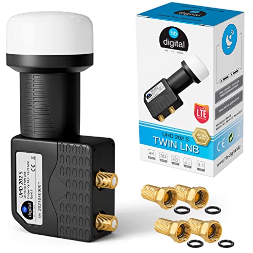 HB-DIGITAL Twin LNB LNC 2 SAT Participantes Directos Full HD TV 3D 4K 8K UHD + Contactos Chapados En Oro + Protección Contra La Intemperie (extensible) En El Conjunto Con 4 F-conectores