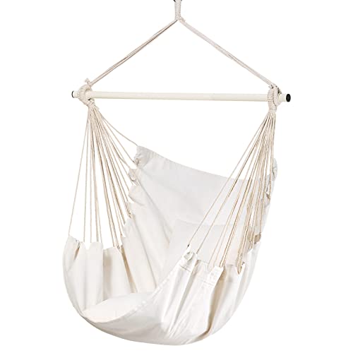 HBselect Columpio Colgante Silla Hamaca, Silla Columpio Portátil de Algodón con Bolsillo, Silla Colgante Exterior Interior con Gancho Cuerda de Nailon Varilla de Metal Galvanizado Duradera(Blanco)