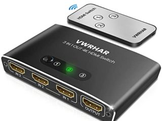 HDMI Switch 3 Entradas a 1 Salida, Switch HDMI 4K Automático con Control Remoto, Aluminio Conmutador HDMI Soporta 4K 3D UHD 1080P HDCP Compatible para PS5/PS4/PS3, PC, DVD, BLU-Ray, Xbox, Roku, TV