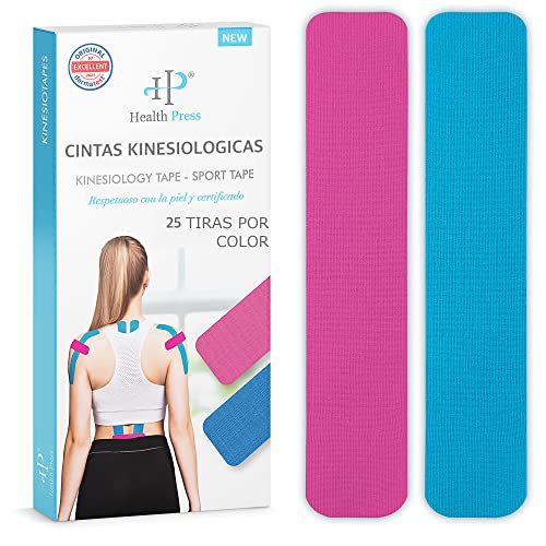 Health Press Kinesiotapes - 50 Tiras de Cinta Kinesiológica Precortada Azul + Rosa (25cm x 5cm) - Cinta Profesional de Fisioterapia y Deportiva - Cintas amigables con la piel DERMATEST: MUY BUENO