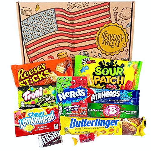 Heavenly Sweets Caja de regalo de caramelos y chocolates americanos - Clásico Retro USA Treats - Cesta de regalo perfecta para niños, adultos, cumpleaños, Navidad, Pascua - 10 Dulces