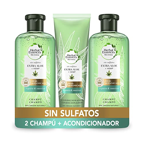 Herbal Essences Sin Sulfatos Ni Siliconas, Ingredientes Naturales Aloe Puro Y Hemp, 2 Champús 380 ml + Acondicionador 275 ml