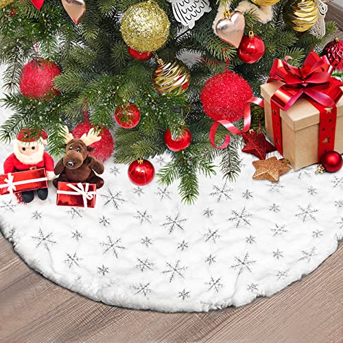 Herbst 122cm/48Inch Falda Arbol Navidad, Cubre Pie Arbol de Navidad Blanco, Alfombra Arbol de Navidad con Copos de Nieve Plata para Decoración de Navidad al Hogar