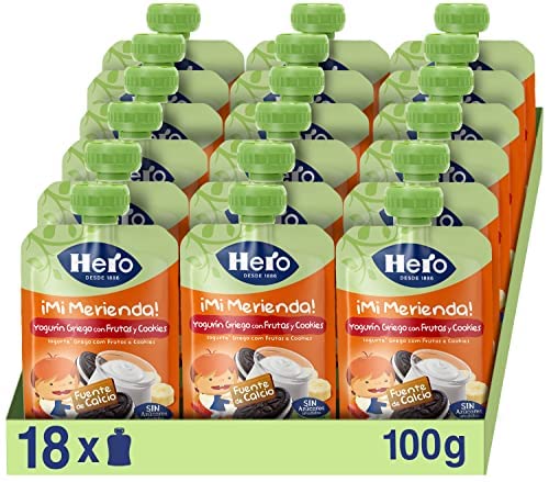 Hero Baby Mi Merienda Bolsitas de Yogurín Griego con Zumos de Fruta y Cookies - Para Bebés a Partir de los 12 Meses - Pack de 18 x 100 g