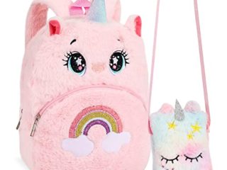 Hifot 2 Pcs Unicornio Mochila Bolsa Bandolera Infantil, Mini Peluche Dibujos Cartera Escolar Messenger Monedero para Niñas Pequeñas