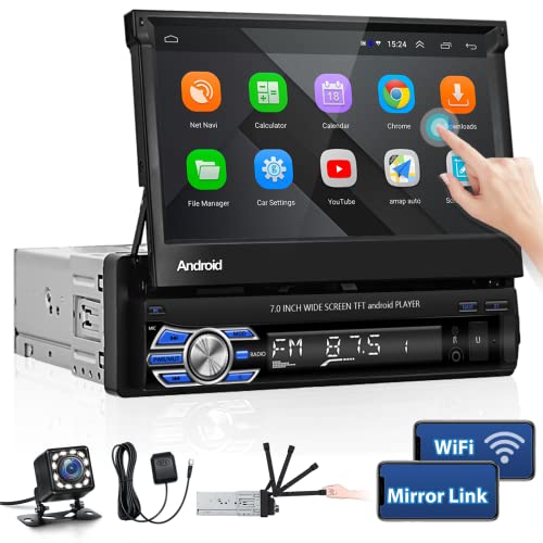 Hikity Android Autoradio Bluetooth 1 DIN Radio de Coche GPS Navegación 7 Pulgadas Pantalla Táctil Abatible FM Estéreo con WiFi USB Enlace Espejo + Cámara Visión Trasera
