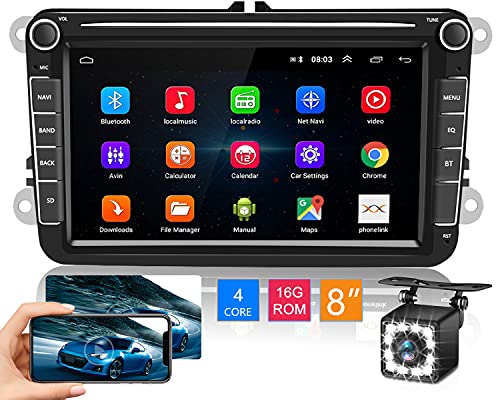 Hikity Radio de Coche Android para VW Golf 5 6 Skoda Seat con 8" Pantalla Táctil Autoradio Bluetooth 2 DIN GPS WiFi Car Stereo con FM WiFi USB Enlace Espejo + Canbus + Cámara Visión Trasera