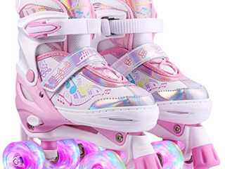 Hikole Patines Niña 4 Ruedas PU Iluminación LED Patines Roller Ajustables Patines Niño 5 Años Patines en Paralelo Protección Total para Ninos Principiantes