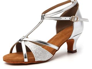 HIPPOSEUS Zapatos de Baile Latino con Tira en T e Plata para Mujer Zapatos de práctica de Baile de salón tacón 5cm,38 EU