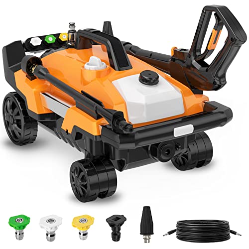 Hirolimpiadora, SUNPOW 5 en 1 Hidrolimpiadora de Alta Presión 165 Bar, Caudal Máximo de 480L / H, 5 Boquillas, Diseño de 4 Ruedas Dobles con Varilla Telescópica para Limpiar Coche, Patio, Jardín