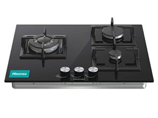 Hisense GG633B - Placa de Gas Natural, 3 Zonas, 60 cm, Parrilla de Hierro Fundido y Cristal Templado Negro, Autoencendido Integrado en los mandos, Seguridad GasStop, Fácil limpieza