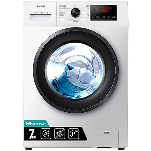 Hisense WFPV7012EM - Lavadora con Vapor añadido, Carga Frontal 7 Kg, 1200 rpm, 15 Programas, Control de balanceo inteligente del tambor, Display LED, Programa rápido, Bloqueo Infantil